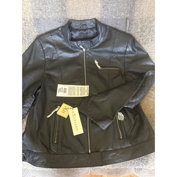 EXCELLED Womens Black Leather Moto Jacket Zippered Pockets & Sleeve Sz M NWT - Picture 9 of 15